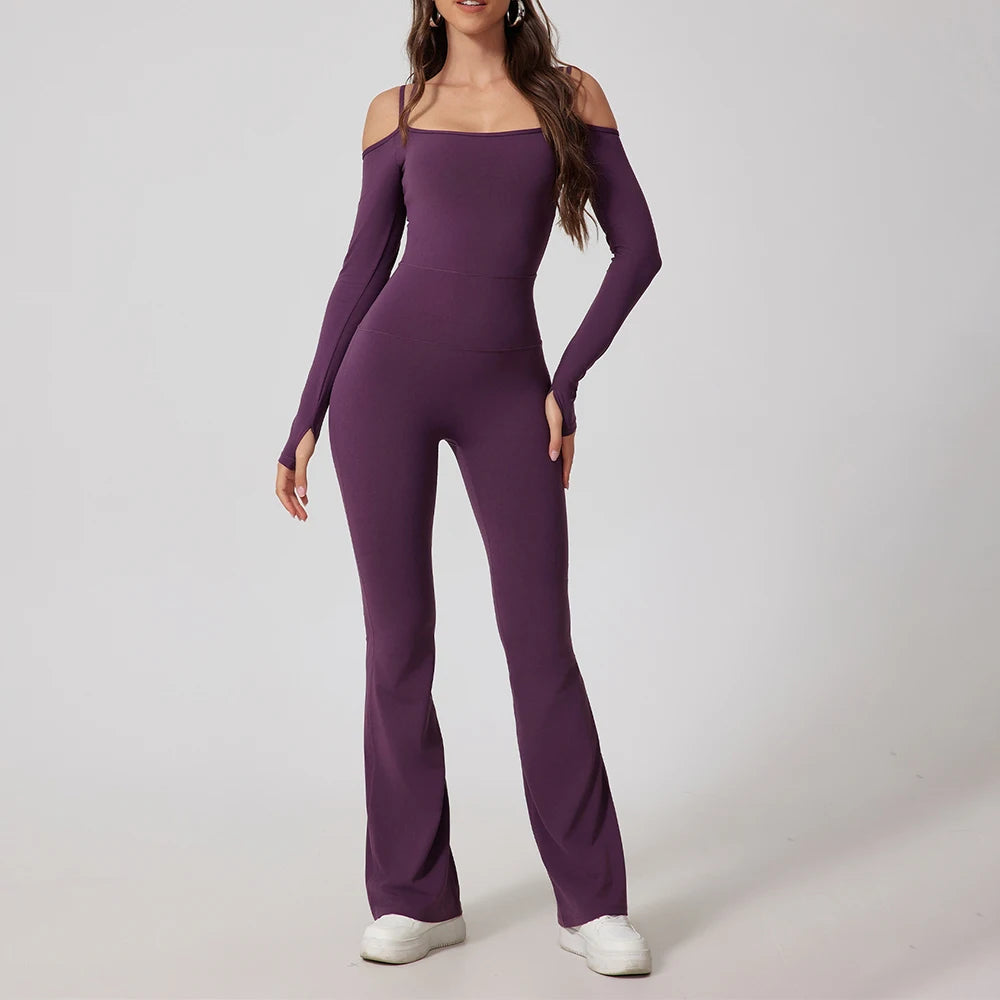 Gym Jumpsuits - Flared Pants Yoga Jumpsuit – Off-Shoulder and Moisture-Wicking