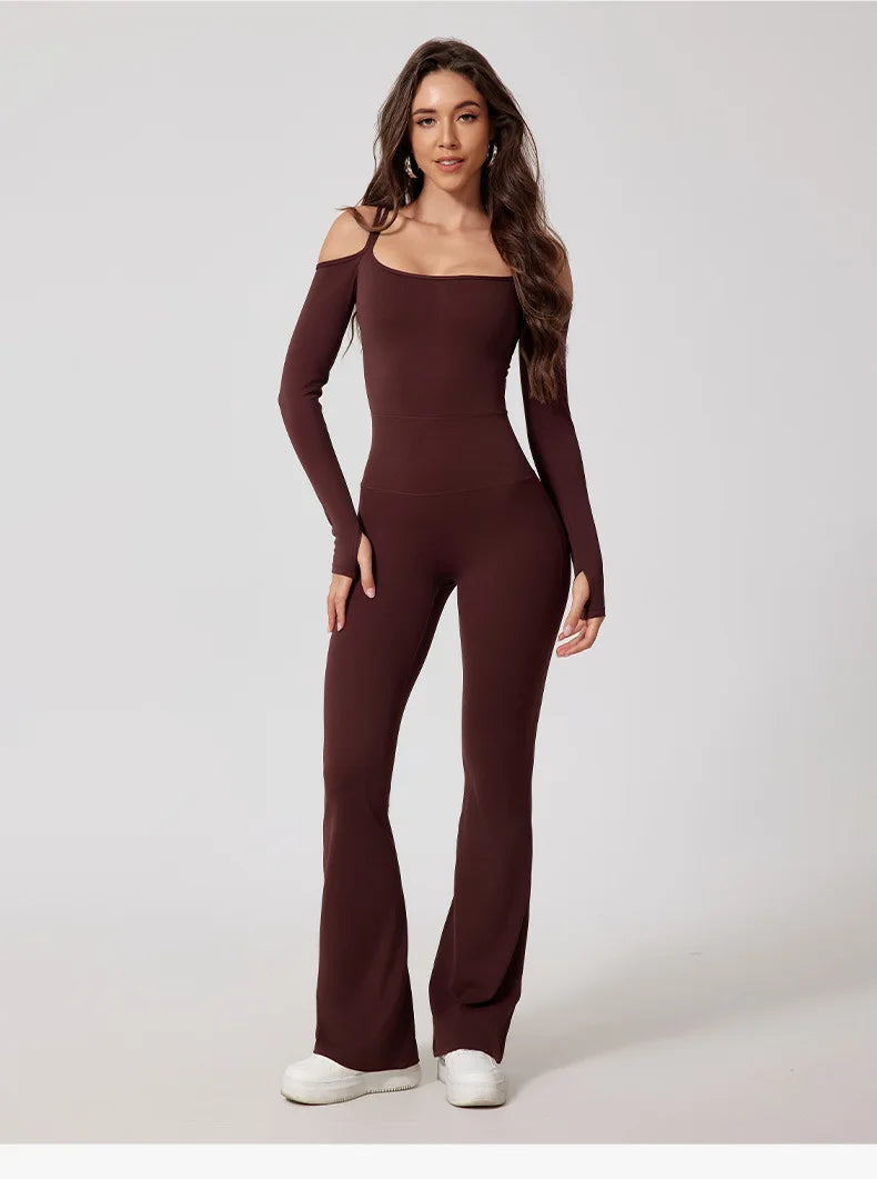 Gym Jumpsuits - Flared Pants Yoga Jumpsuit – Off-Shoulder and Moisture-Wicking