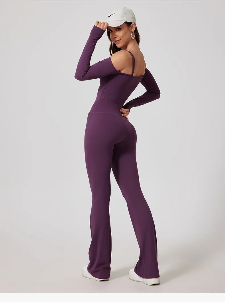 Gym Jumpsuits - Flared Pants Yoga Jumpsuit – Off-Shoulder and Moisture-Wicking