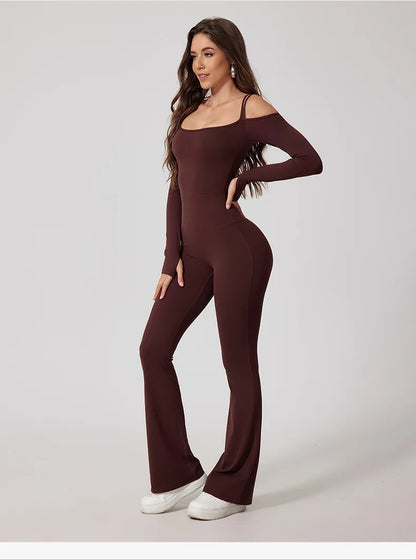 Gym Jumpsuits - Flared Pants Yoga Jumpsuit – Off-Shoulder and Moisture-Wicking