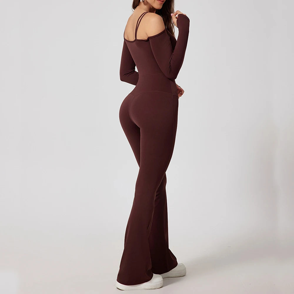 Gym Jumpsuits - Flared Pants Yoga Jumpsuit – Off-Shoulder and Moisture-Wicking