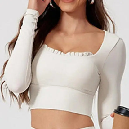 Gym Outfits - Lycra Frill-Accent Crop Top & Flared Leggings Gym Outfit for Women