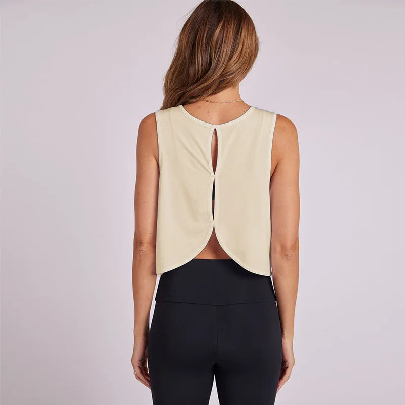 Gym Tops- Women Open-Back Gym Crop Top- Khaki- Pekosa Women Fashion