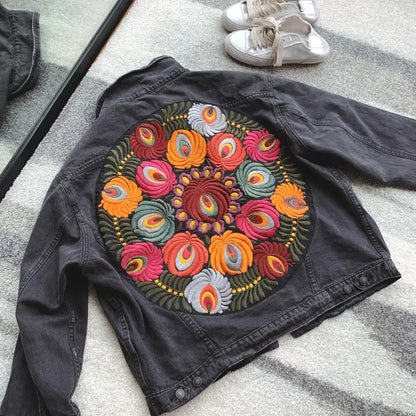 Denim Jackets - Floral Embroidered Patch on Back Denim Oversized Jacket