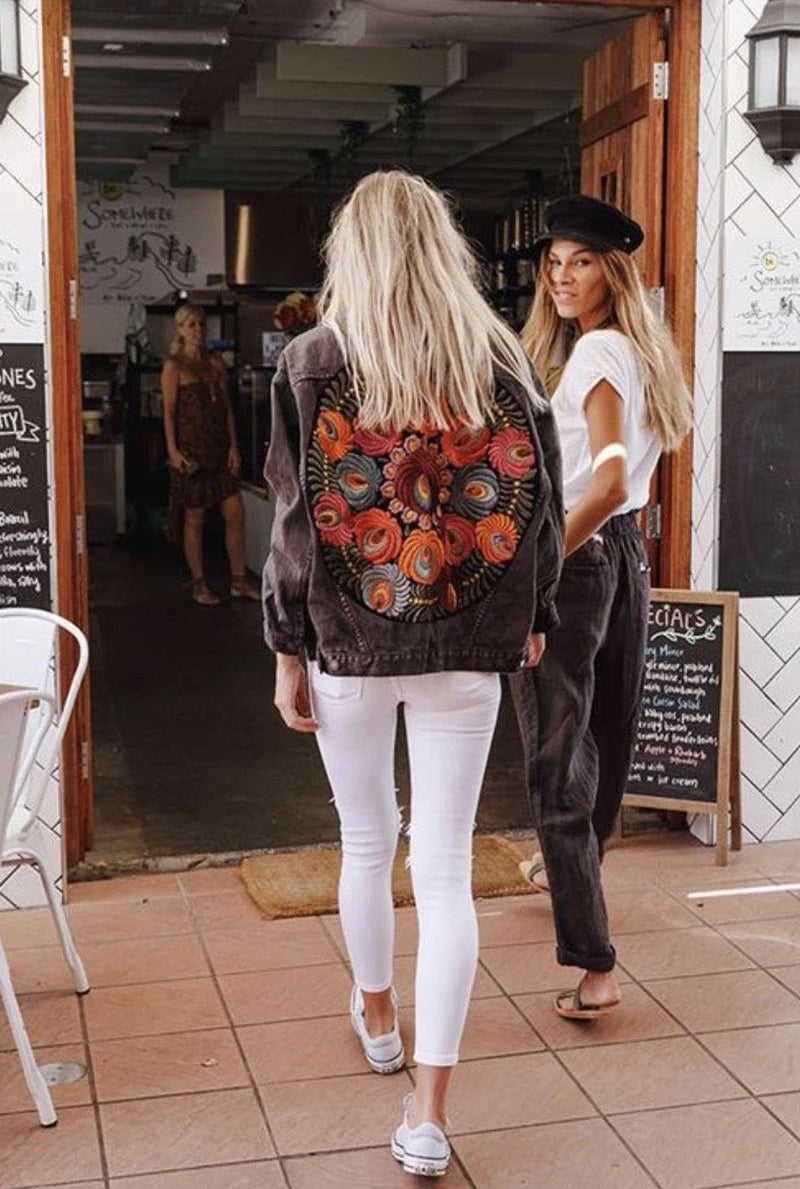 Denim Jackets - Floral Embroidered Patch on Back Denim Oversized Jacket