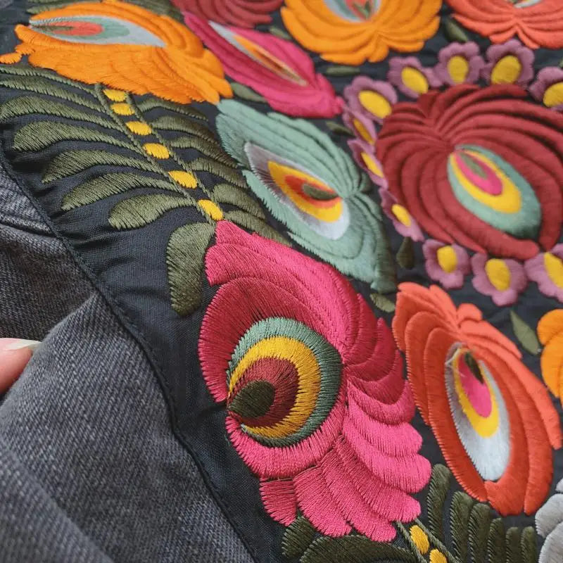 Denim Jackets - Floral Embroidered Patch on Back Denim Oversized Jacket