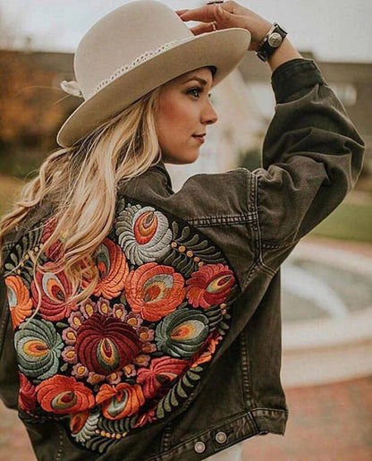 Denim Jackets - Floral Embroidered Patch on Back Denim Oversized Jacket