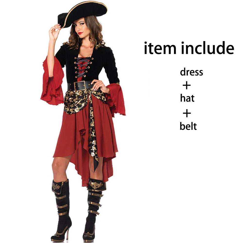 Halloween Costumes- Pirate Queen Deluxe Costume for Halloween- Red- Chuzko Women Clothing