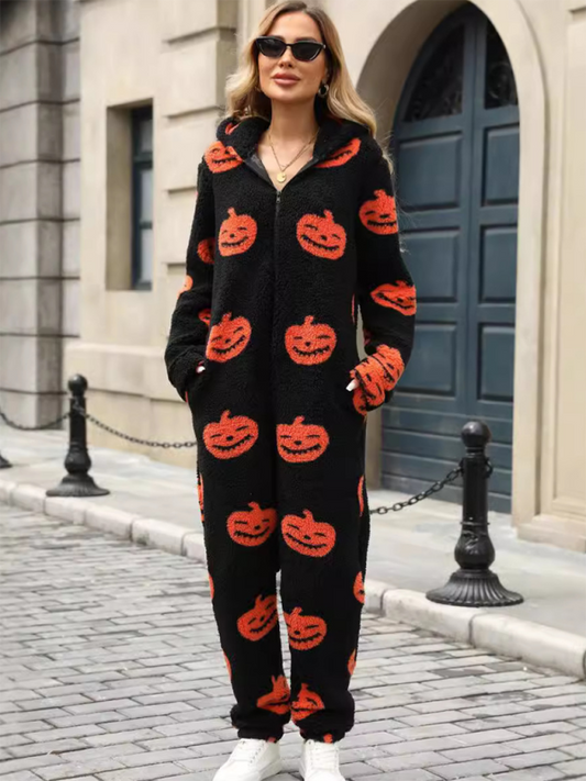 Halloween Jumpsuits - Halloween Pumpkin Print Zip Up Jumpsuit