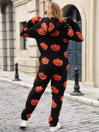 Halloween Jumpsuits - Halloween Pumpkin Print Zip Up Jumpsuit