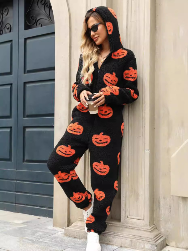 Halloween Jumpsuits - Halloween Pumpkin Print Zip Up Jumpsuit