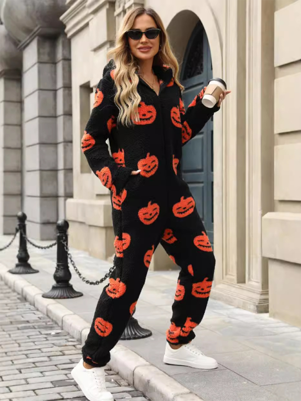 Halloween Jumpsuits - Halloween Pumpkin Print Zip Up Jumpsuit