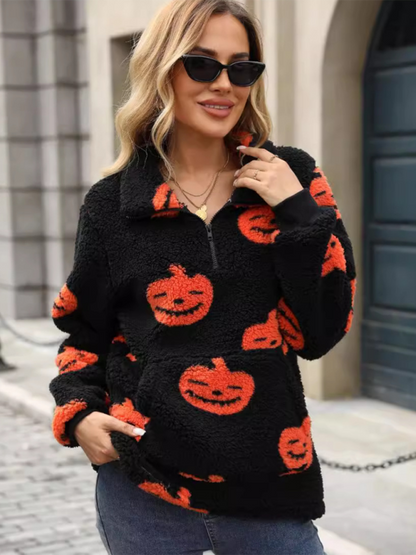 Halloween Jumpsuits - Halloween Pumpkin Print Zip Up Jumpsuit