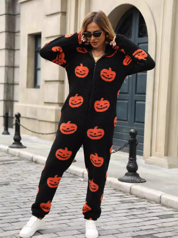 Halloween Jumpsuits - Halloween Pumpkin Print Zip Up Jumpsuit