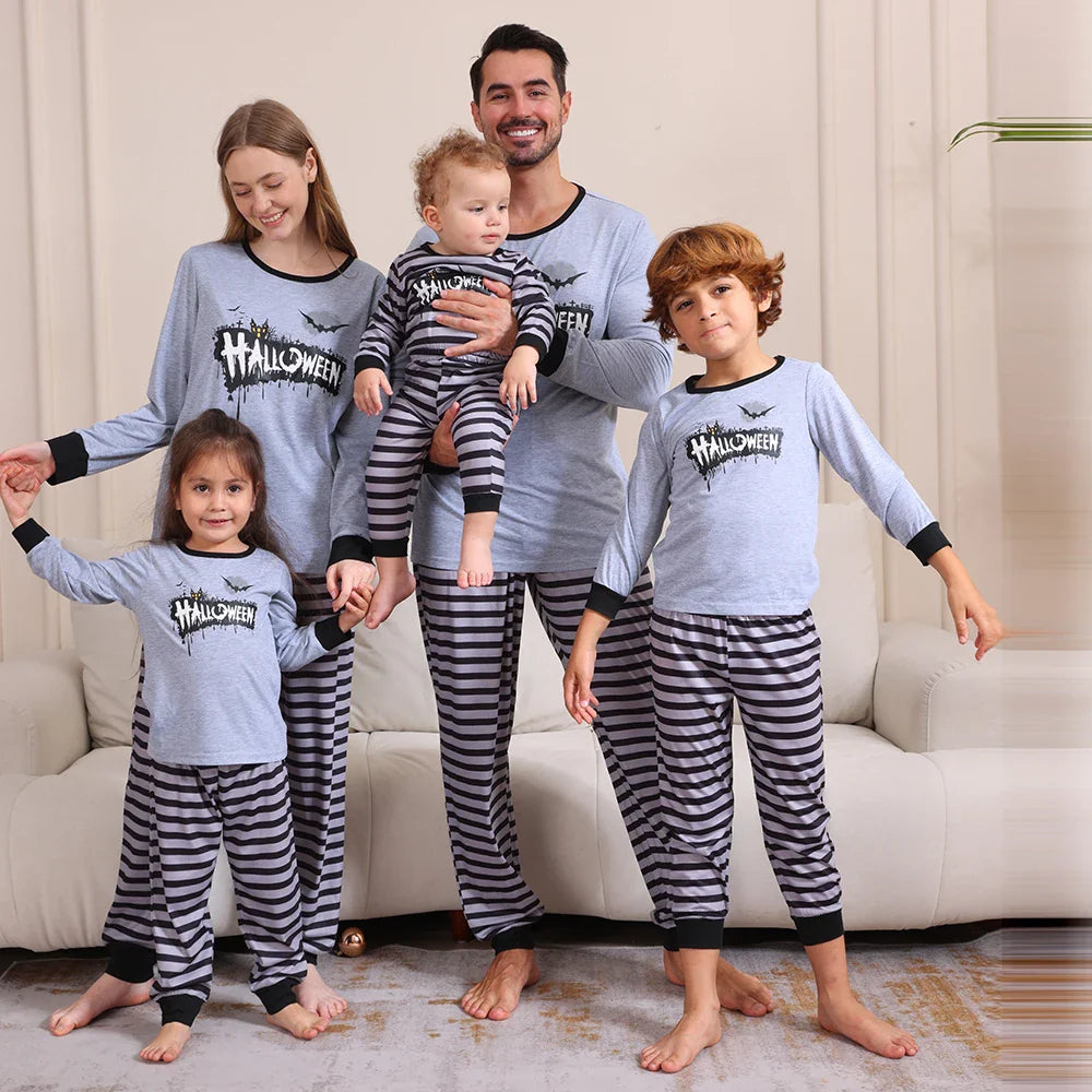 Halloween Pajamas- Haunted House Hangout Family Pajama Sets for Halloween- Sky Gray- Pekosa Women Fashion