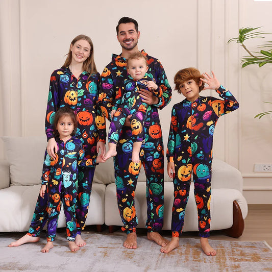 Halloween Pajamas- Monster Mash Pajamas Spooky Squad for Family Halloween- Purple Blue- Pekosa Women Fashion