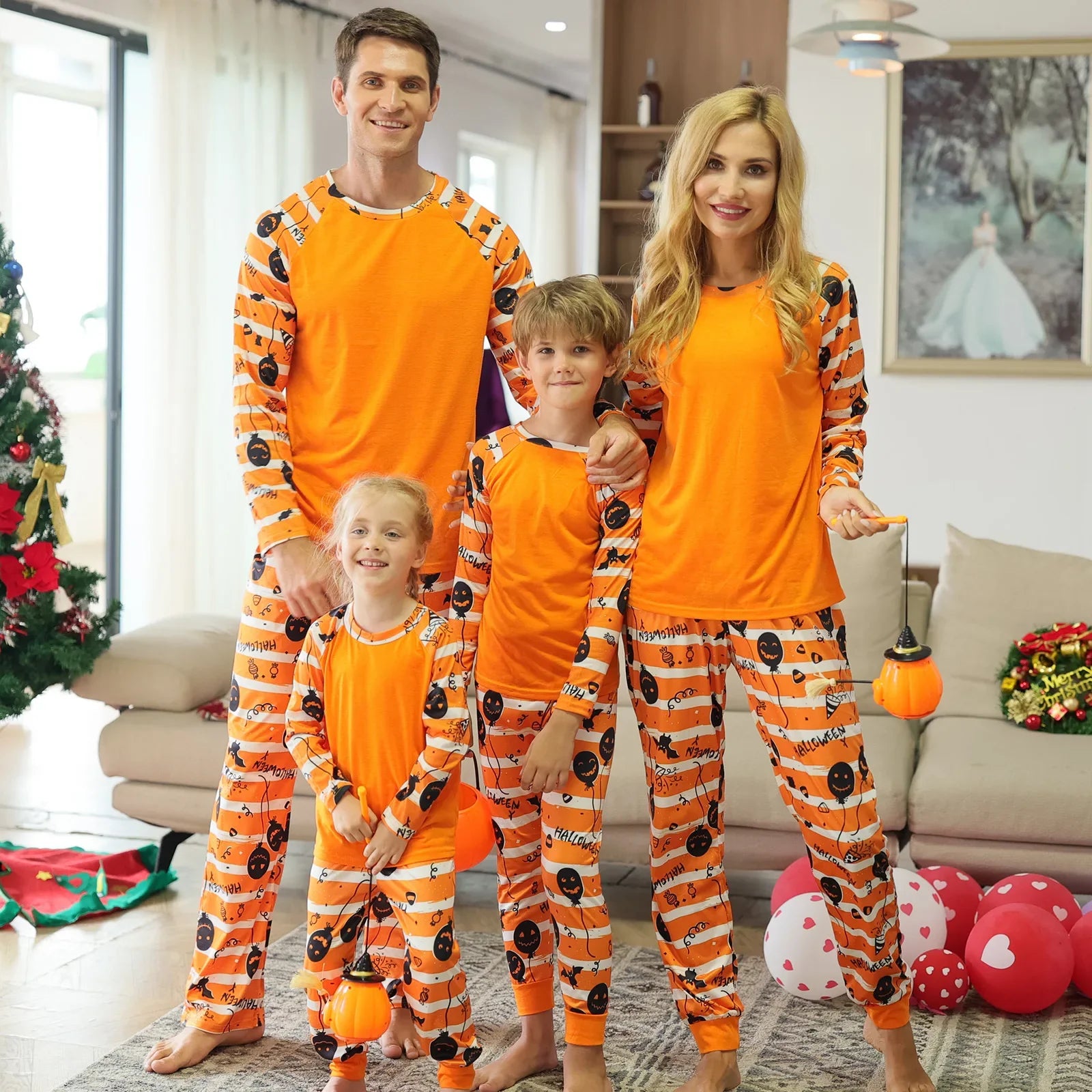 Halloween Pajamas- Pumpkin Black Cat Print Family Matching Halloween Pajama Sets- - Pekosa Women Fashion