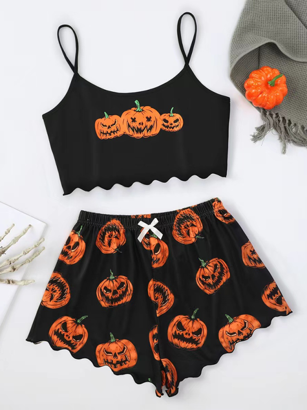 Halloween Sleepwear - Halloween Theme Print Galore Crop Top Shorts Pajama Set