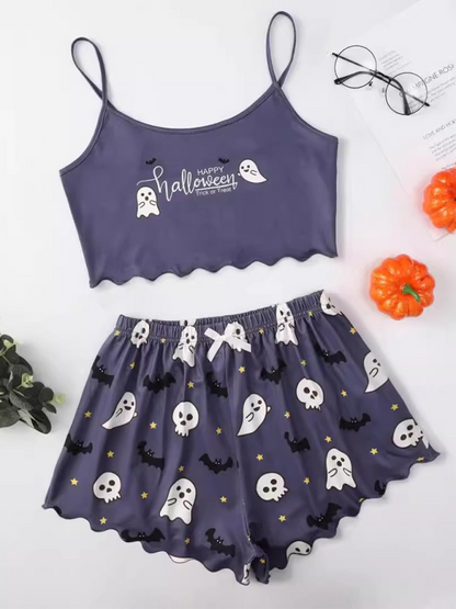 Halloween Sleepwear - Halloween Theme Print Galore Crop Top Shorts Pajama Set