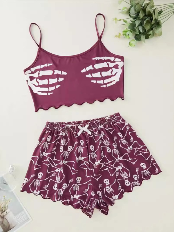 Halloween Sleepwear - Halloween Theme Print Galore Crop Top Shorts Pajama Set