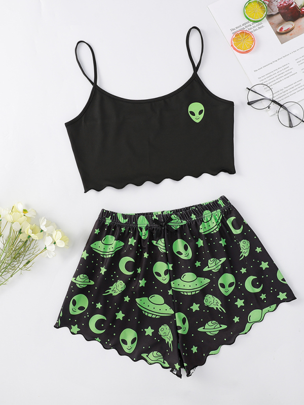 Halloween Sleepwear - Halloween Theme Print Galore Crop Top Shorts Pajama Set