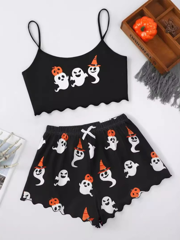 Halloween Sleepwear - Halloween Theme Print Galore Crop Top Shorts Pajama Set