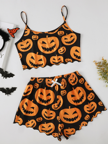 Halloween Sleepwear - Halloween Theme Print Galore Crop Top Shorts Pajama Set