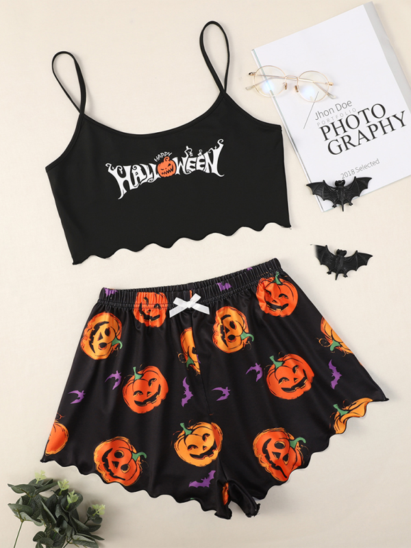 Halloween Sleepwear - Halloween Theme Print Galore Crop Top Shorts Pajama Set