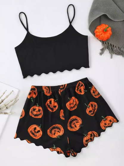 Halloween Sleepwear - Halloween Theme Print Galore Crop Top Shorts Pajama Set