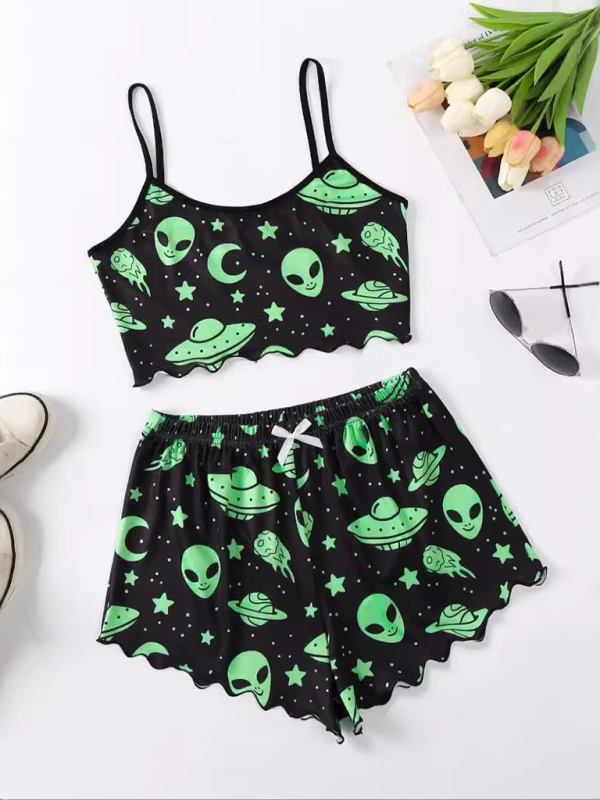 Halloween Sleepwear - Halloween Theme Print Galore Crop Top Shorts Pajama Set