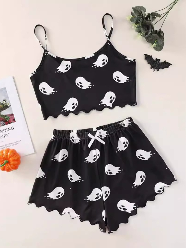 Halloween Sleepwear - Halloween Theme Print Galore Crop Top Shorts Pajama Set