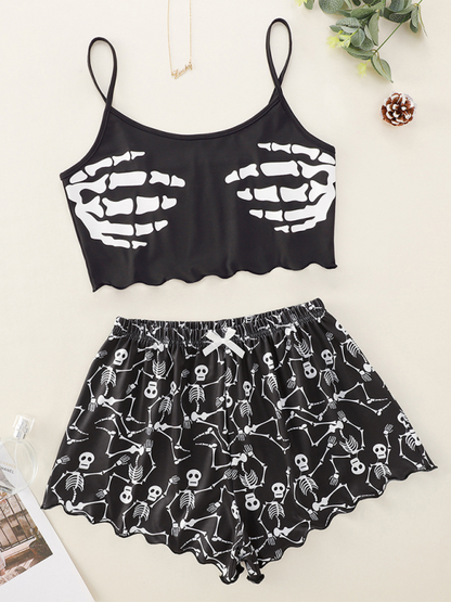 Halloween Sleepwear - Halloween Theme Print Galore Crop Top Shorts Pajama Set