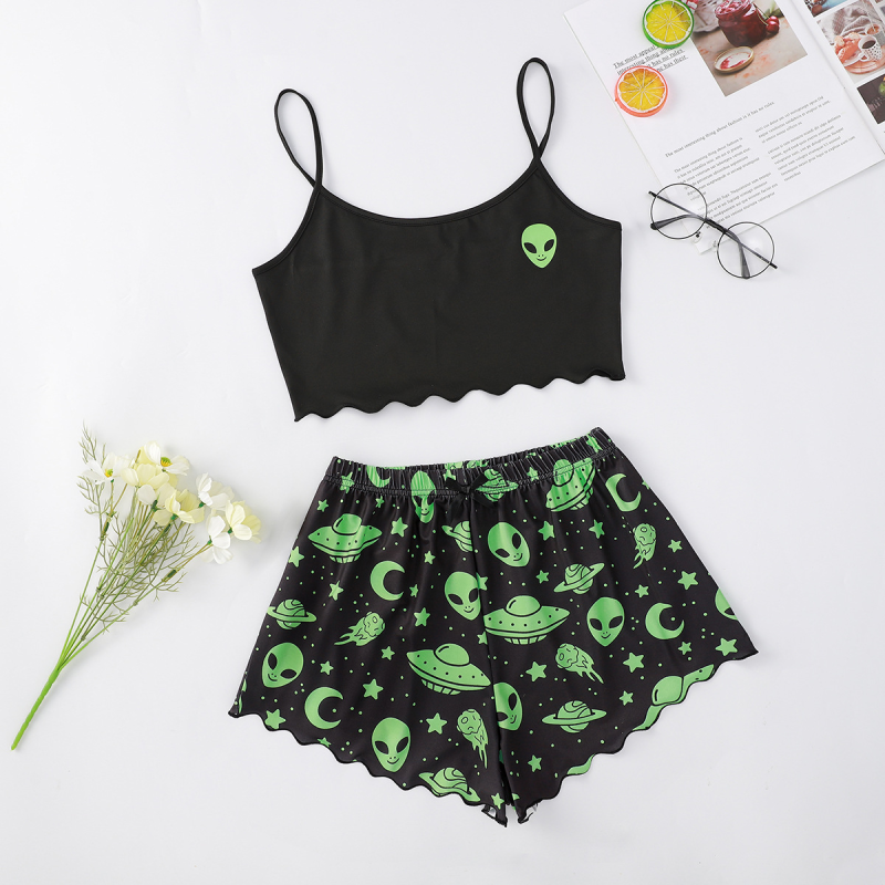 Halloween Sleepwear - Halloween Theme Print Galore Crop Top Shorts Pajama Set