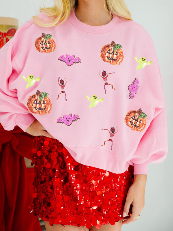 Halloween Sweatshirt - Halloween Multicolor Sequins Long Sleeve Sweatshirt Round Neck Top