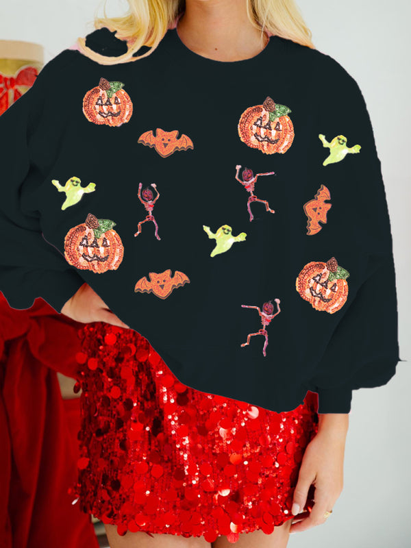 Halloween Sweatshirt - Halloween Multicolor Sequins Long Sleeve Sweatshirt Round Neck Top