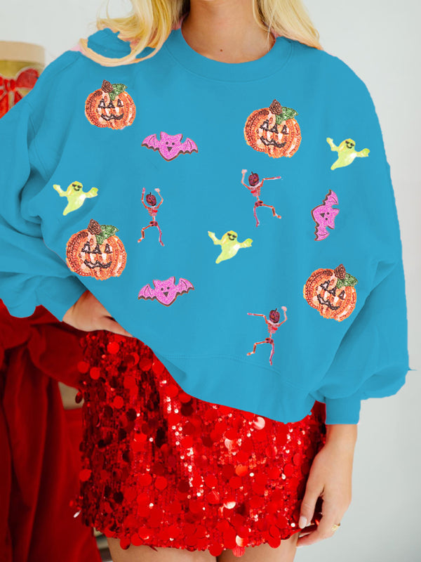 Halloween Sweatshirt - Halloween Multicolor Sequins Long Sleeve Sweatshirt Round Neck Top