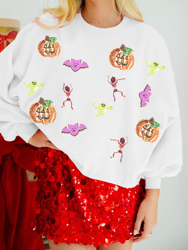 Halloween Sweatshirt - Halloween Multicolor Sequins Long Sleeve Sweatshirt Round Neck Top