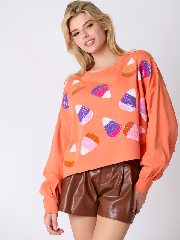 Halloween Sweatshirt - Halloween-Themed Sequin Candy Sweatshirt for Women