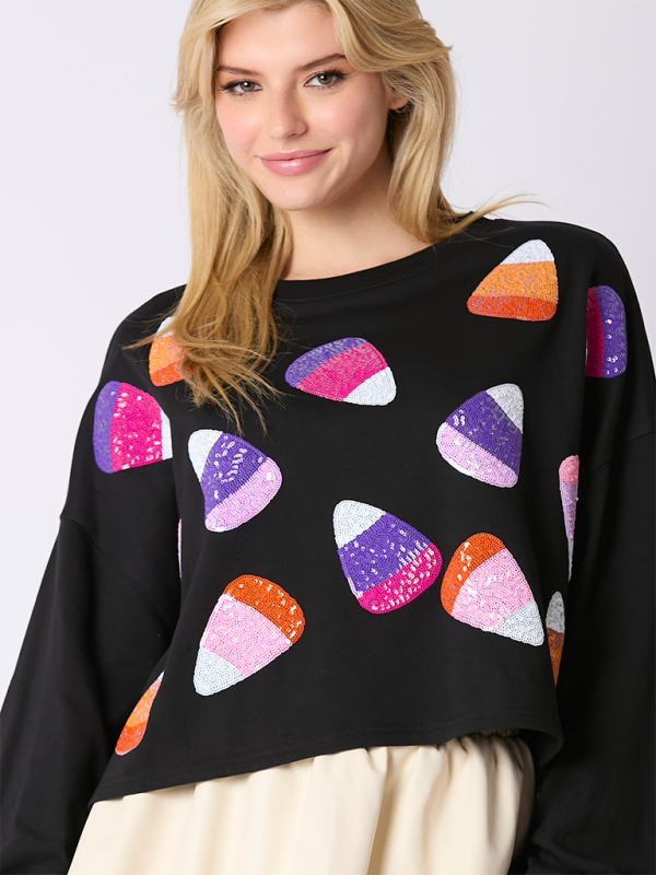 Halloween Sweatshirt - Halloween-Themed Sequin Candy Sweatshirt for Women