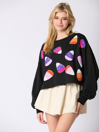 Halloween Sweatshirt - Halloween-Themed Sequin Candy Sweatshirt for Women