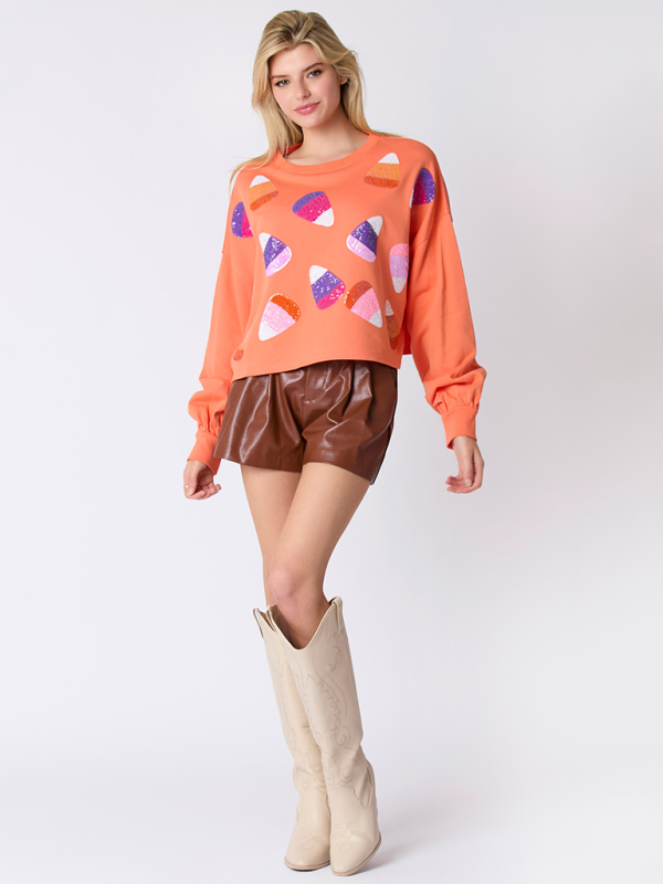 Halloween Sweatshirt - Halloween-Themed Sequin Candy Sweatshirt for Women