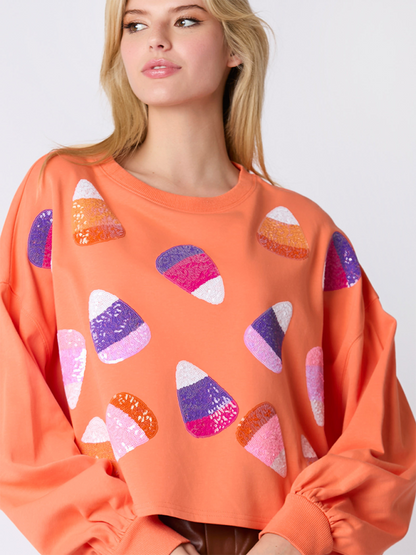 Halloween Sweatshirt - Halloween-Themed Sequin Candy Sweatshirt for Women