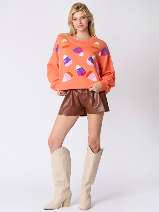 Halloween Sweatshirt - Halloween-Themed Sequin Candy Sweatshirt for Women