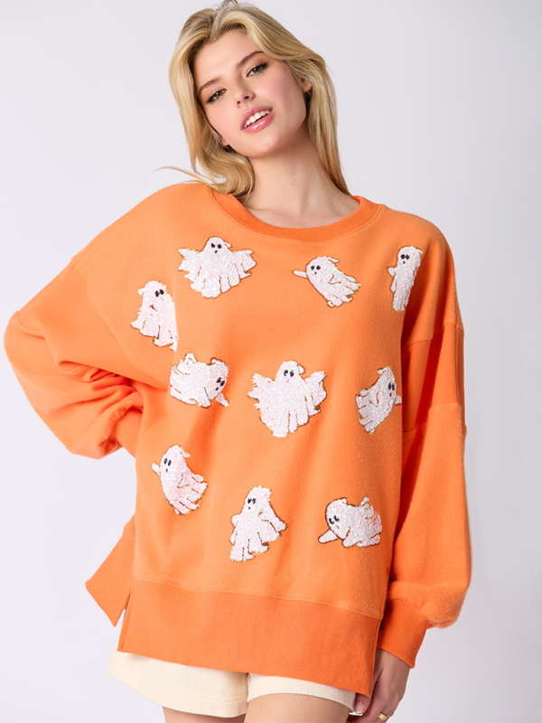 Halloween Sweatshirts - Ghostly Sequin Halloween Sweatshirt - Oversized Fit