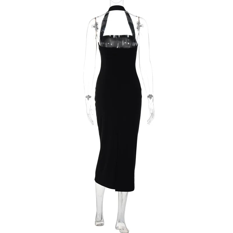 Halter Dresses- Slim Fit Black Backless Halter Dress