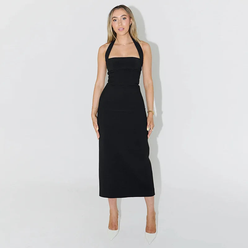 Halter Dresses- Slim Fit Black Backless Halter Dress