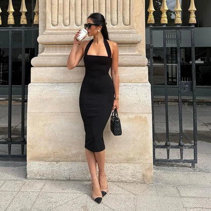 Halter Dresses- Slim Fit Black Backless Halter Dress