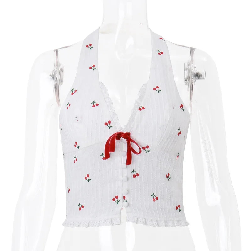 Halter Tops - Cherry Halter Crop Top with Ribbon Tie