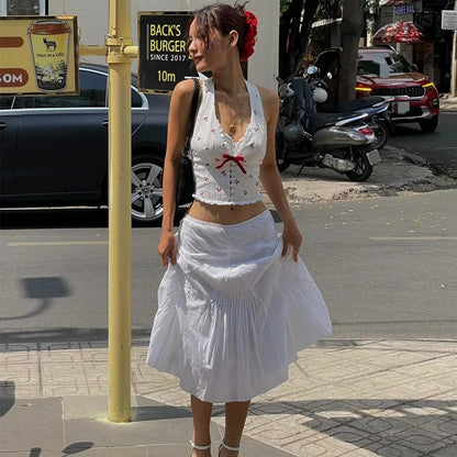 Halter Tops - Cherry Halter Crop Top with Ribbon Tie