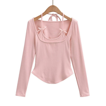 Halter Tops - Halter Crop Top Faux 2 Pieces Long Sleeve